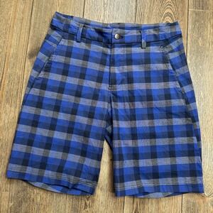 Lululemon Plaid Golf Shorts Men Size 34 Blue Grey Cotton Blend Flat Front